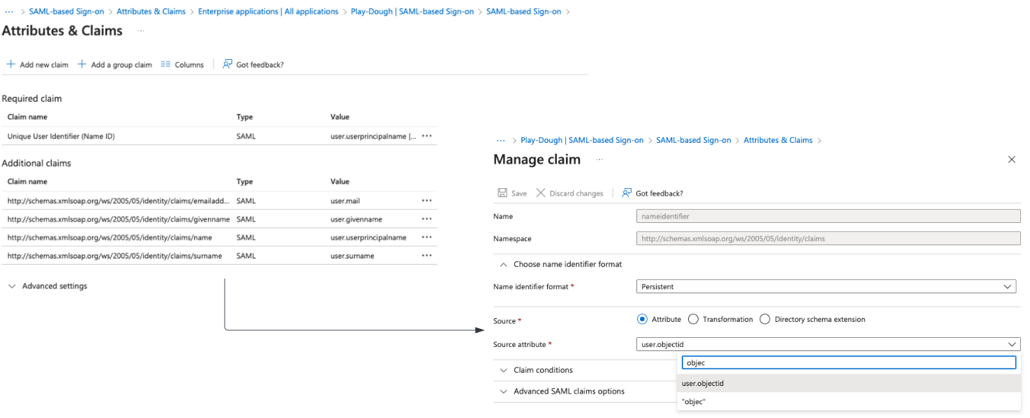 Configuring attributes and claims