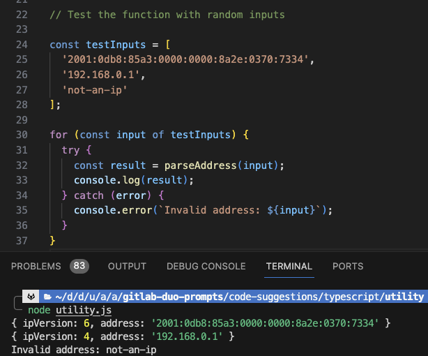 Code Suggestions typescript - utility parse ip address regex tests