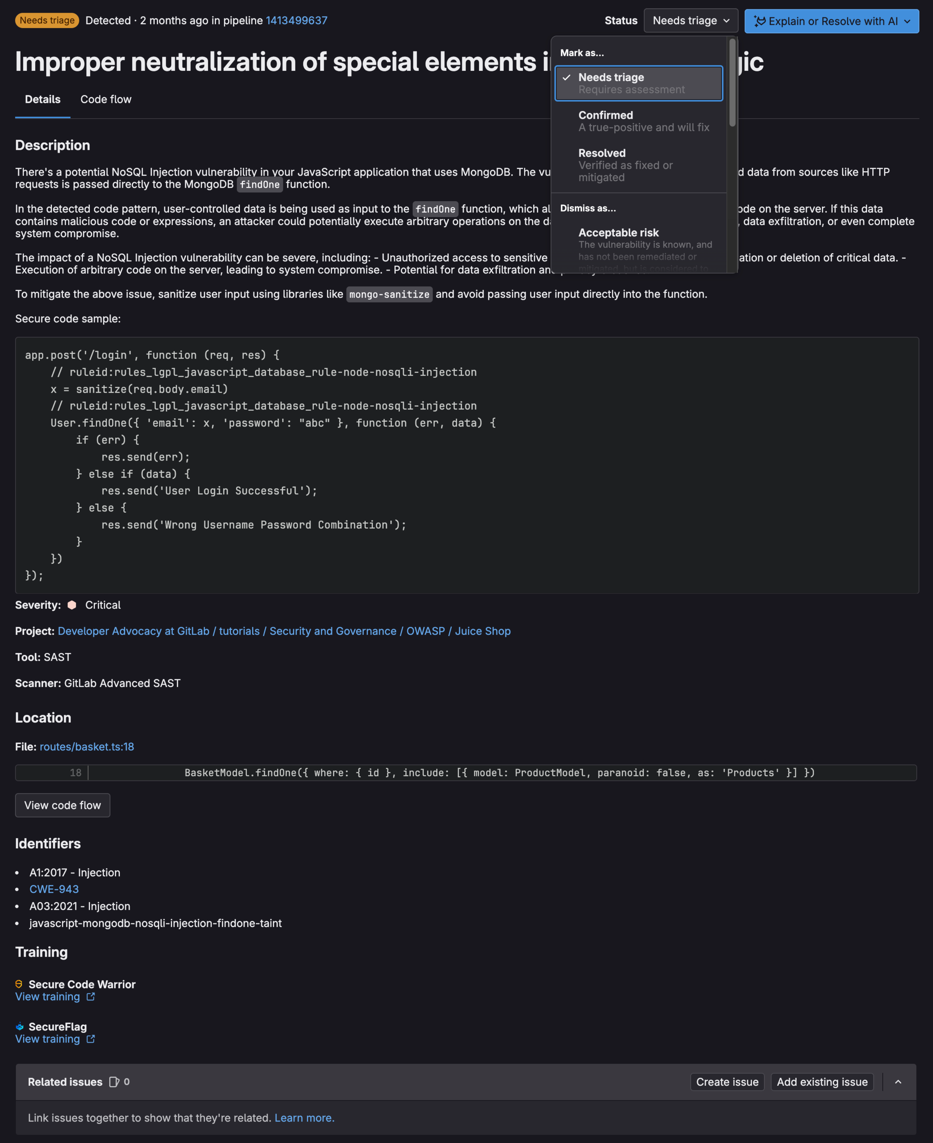 Vulnerability page with vulnerability insights