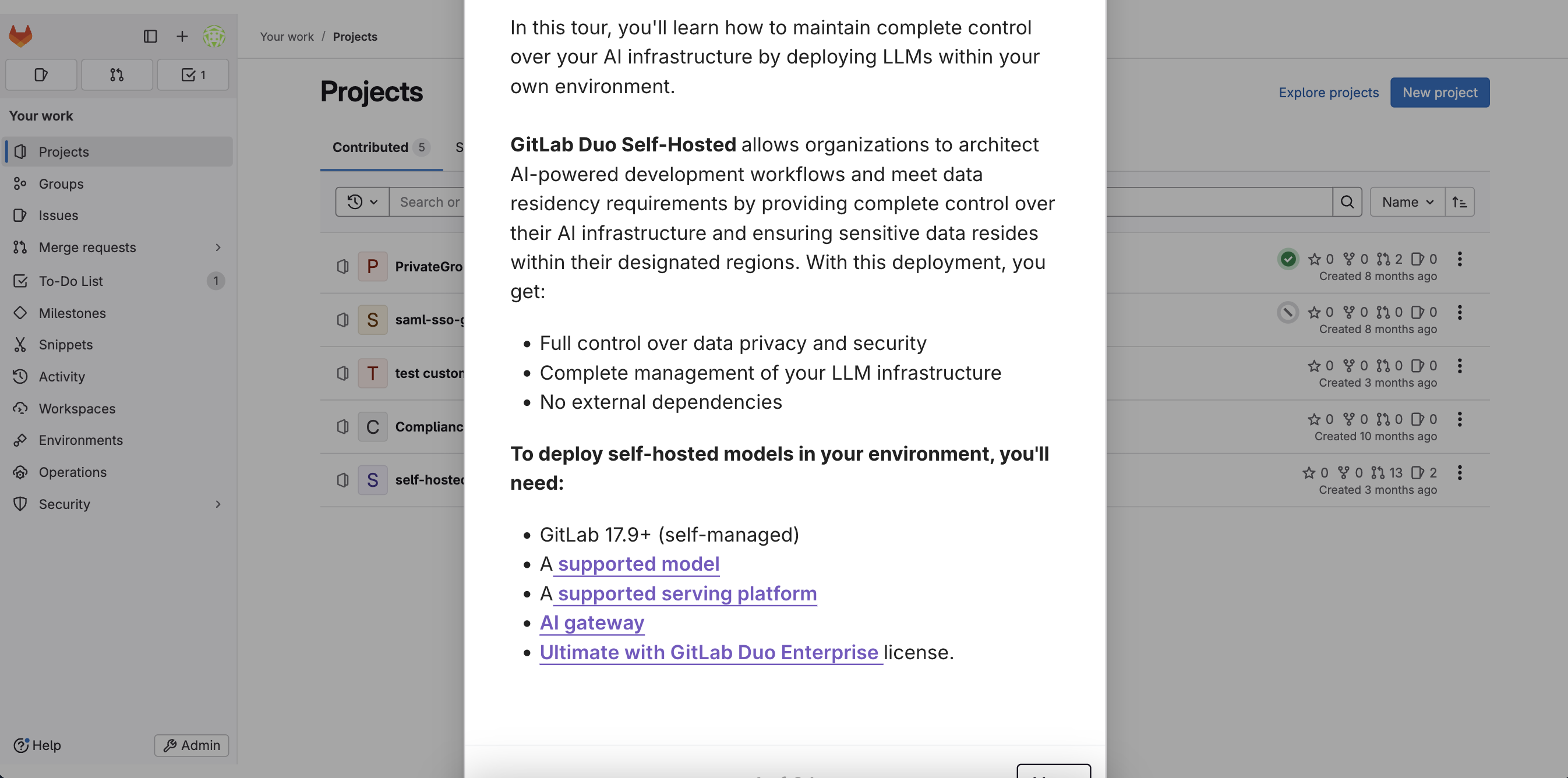 GitLab Duo Self-Hosted tour screenshot