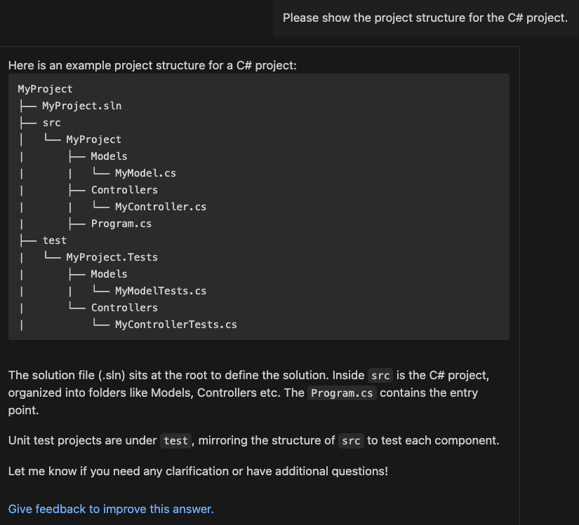 Chat prompt for project structure for the C# project and response