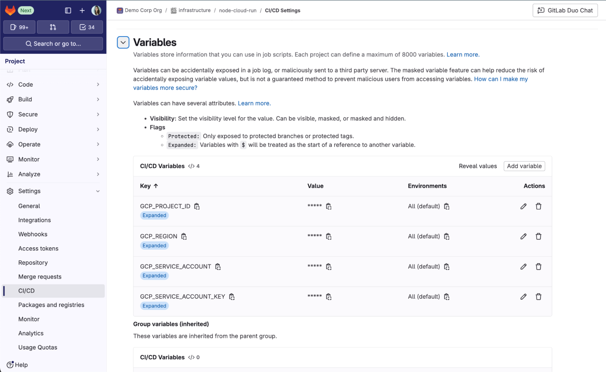 Variables listing