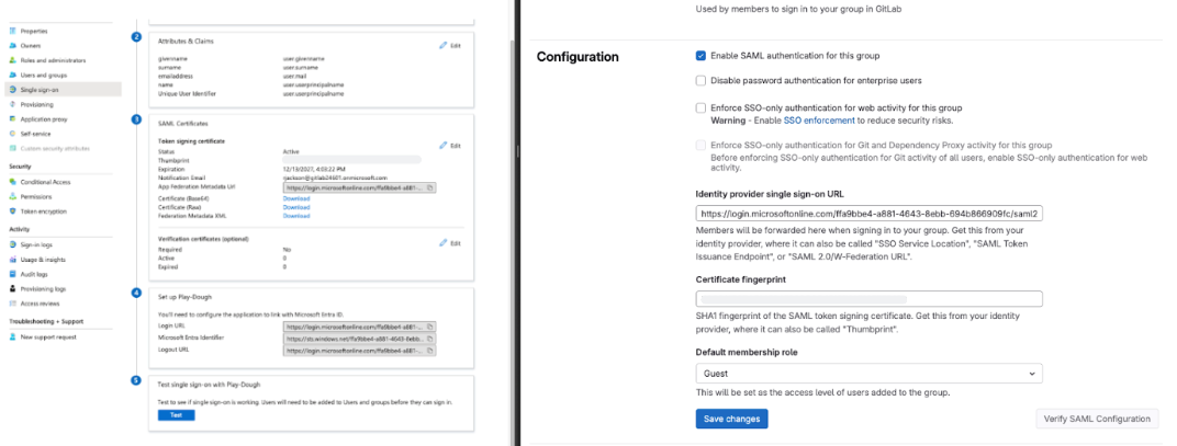 GitLab SAML configuration from Entra ID