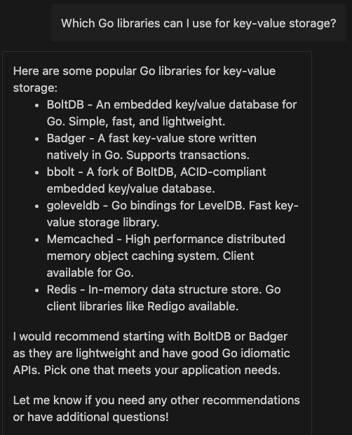 Chat - ask golang libraries kv