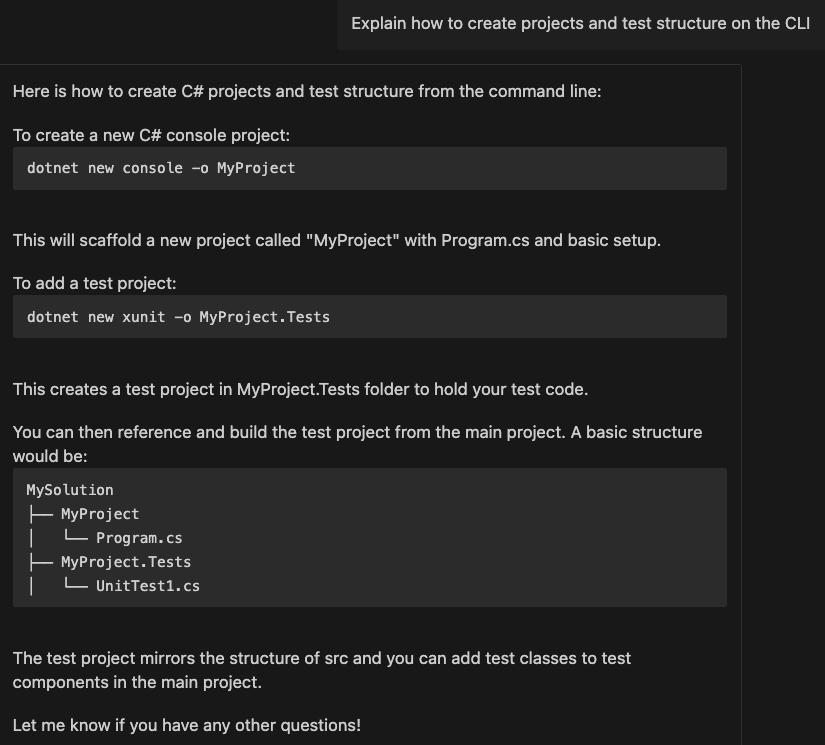 Chat prompt to explain how to create projects and test structure on the CLI and response