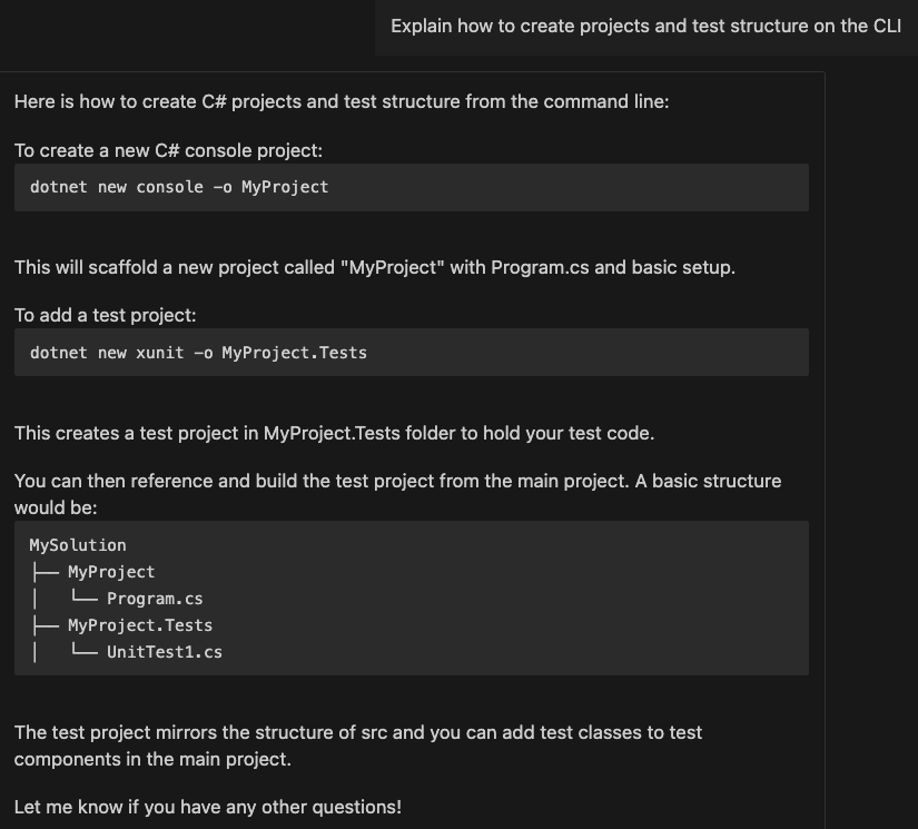 CLIでプロジェクトとテスト構造を作成する方法を説明するよう指示するチャットプロンプトと応答