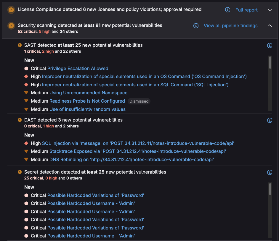 GitLab security scanner findings displayed in MR