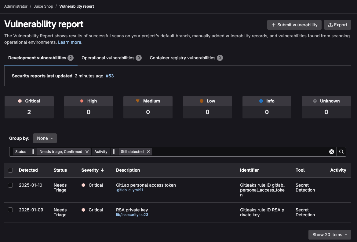 GitLab Vulnerability Report with secret detection findings