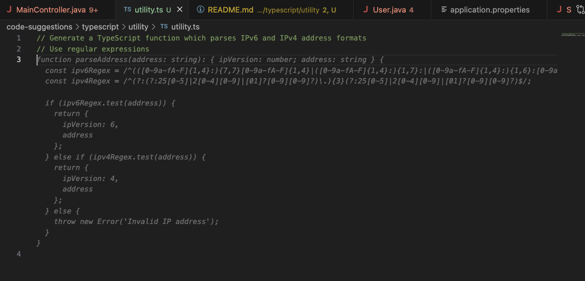 Code Suggestions - typescript utility parse ip address regex
