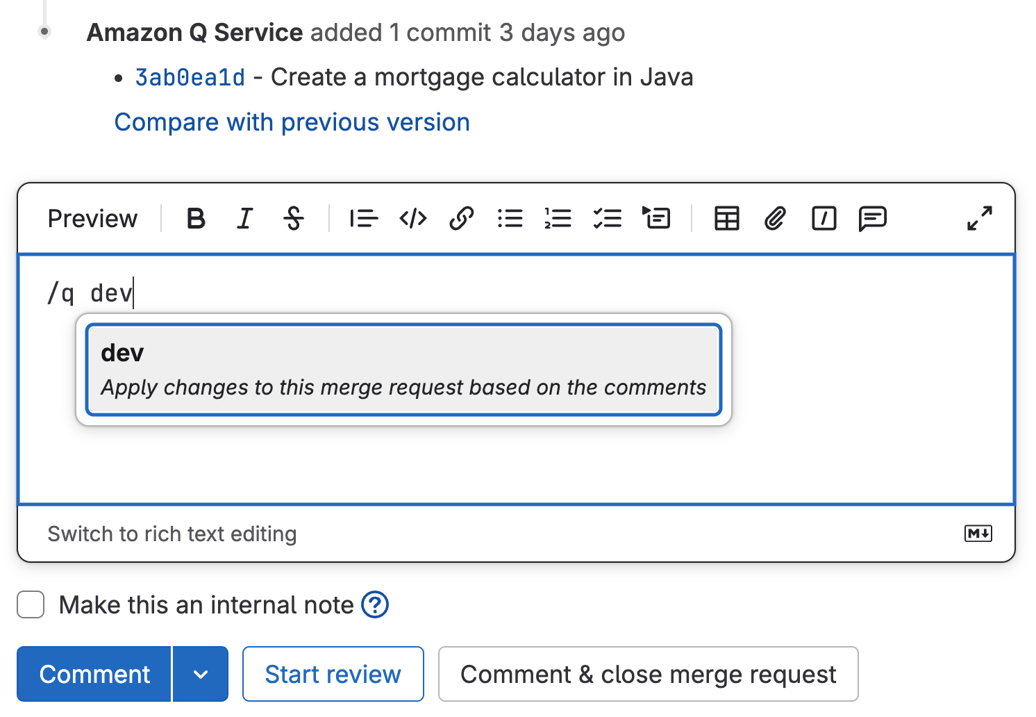 /q dev function prompting Amazon Q to analyze feedback