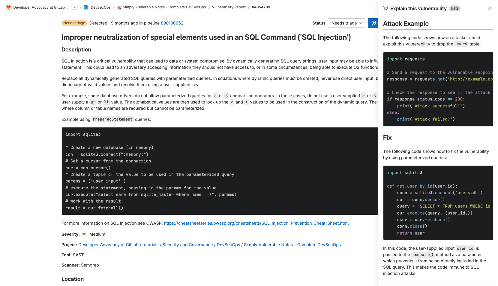 SQL Injection GitLab Duo AI explanation