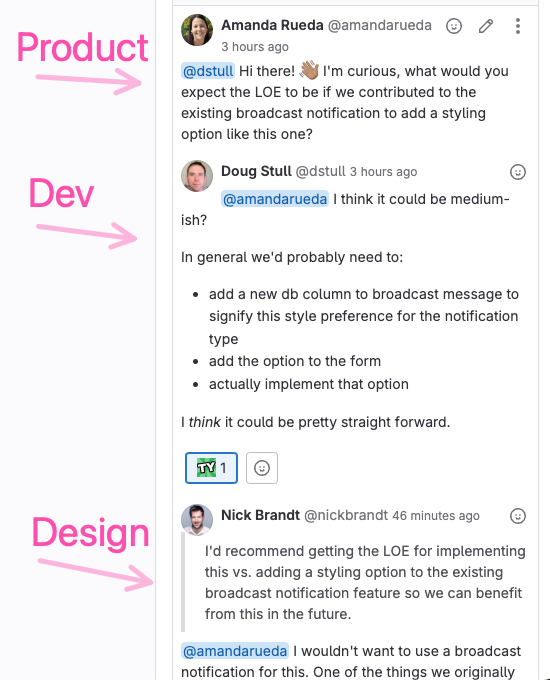 Screenshot of a Chat conversation among product, development and design teams