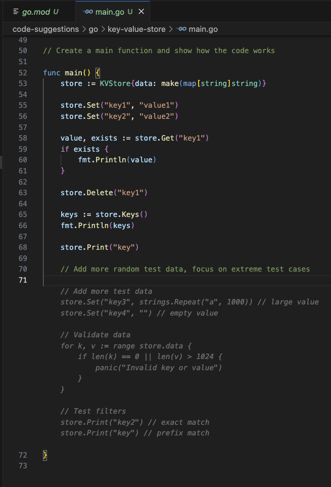 Code Suggestions - go kv more test data
