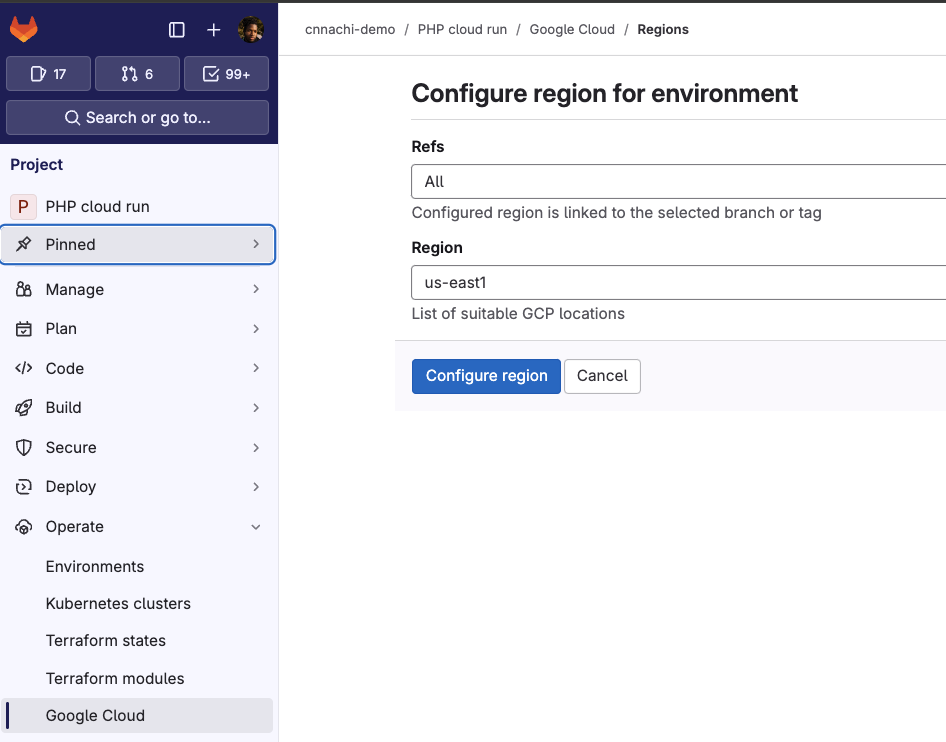 Configure region screen