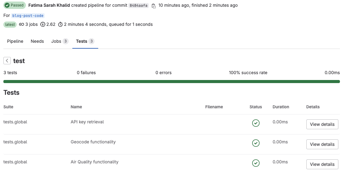 GitLab pipeline view shows test results