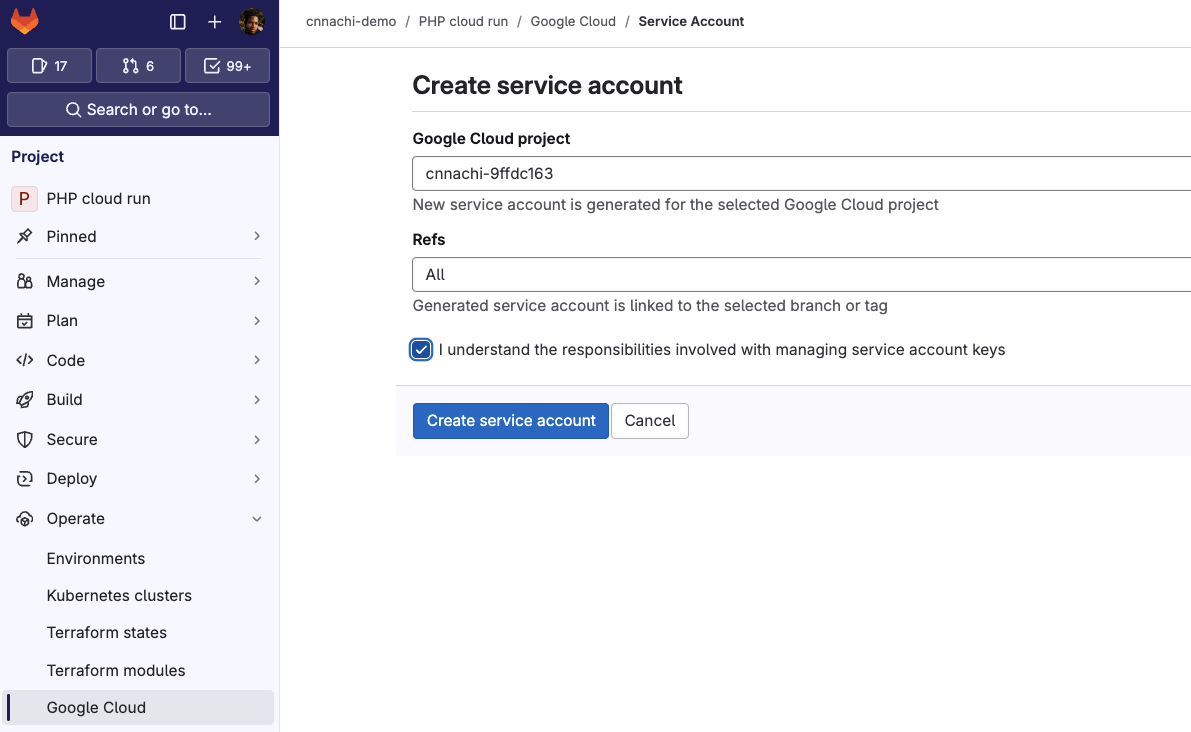 Create Service account screen