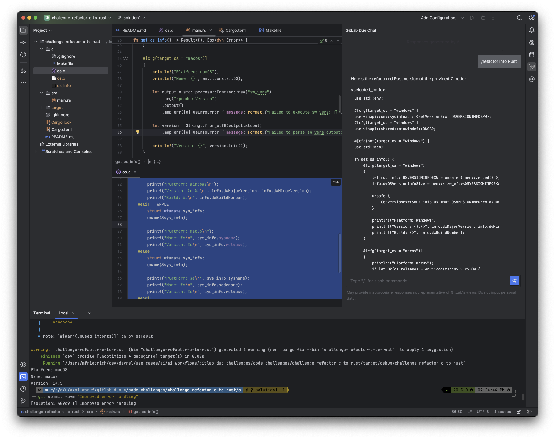 Initialize a new Rust project, and copy the generated source code into the  file. Run  to compile the code.