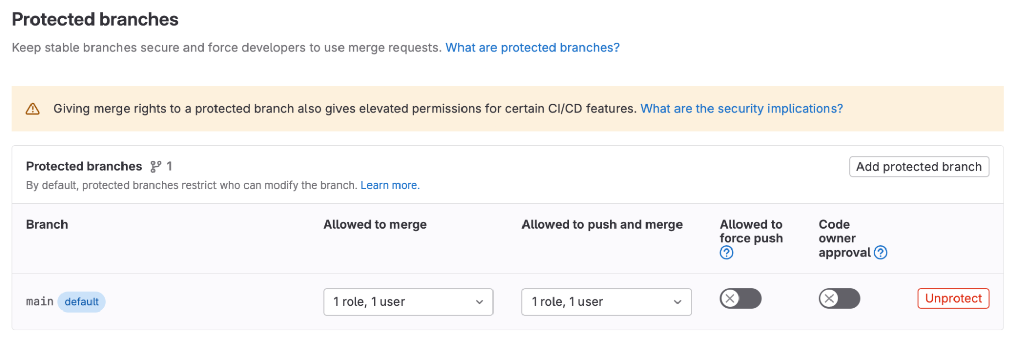 Protected branches settings