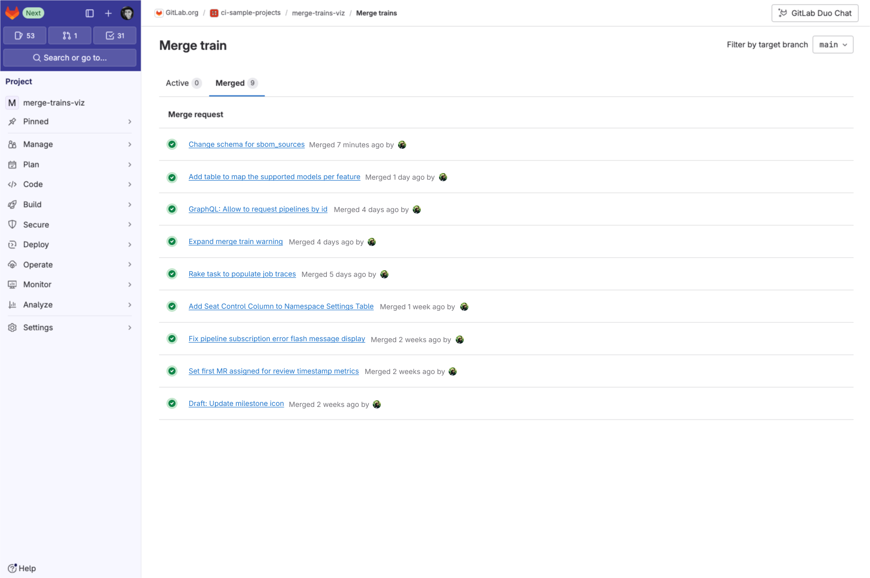 List of merged MRs in the train