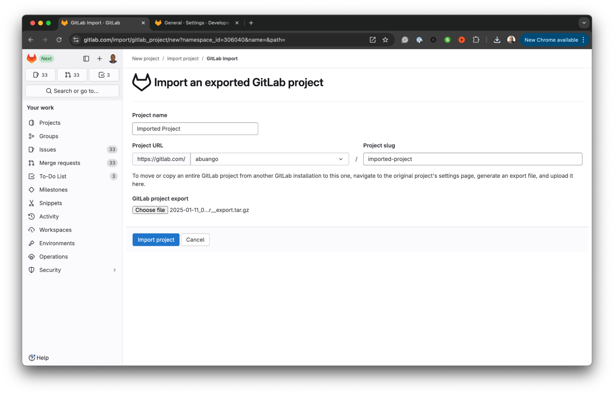 Import an exported GitLab project