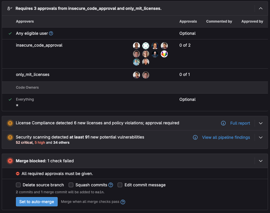Merge request approval required due to vulnerabilities and incompatible licenses