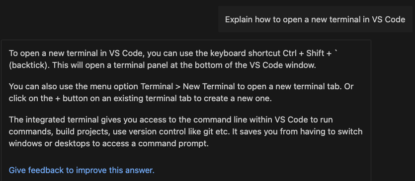Chat prompt to explain how to open a new terminal in VS Code and response