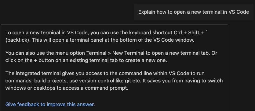 Duo Chat prompt to explain how to open a new terminal in VS Code and response