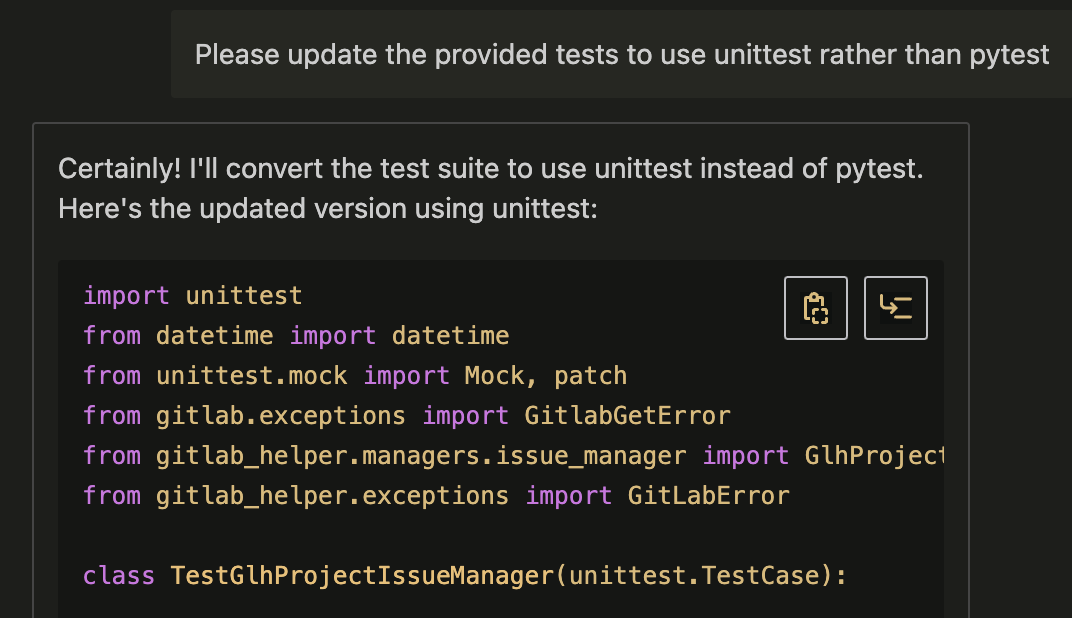 Chat prompt requesting use of unittest rather than pytest