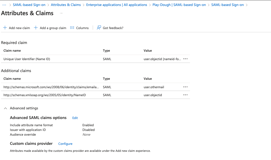 Configured attributes and claims