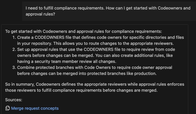 Chat prompt to get started with Codeowners and approval rules and response