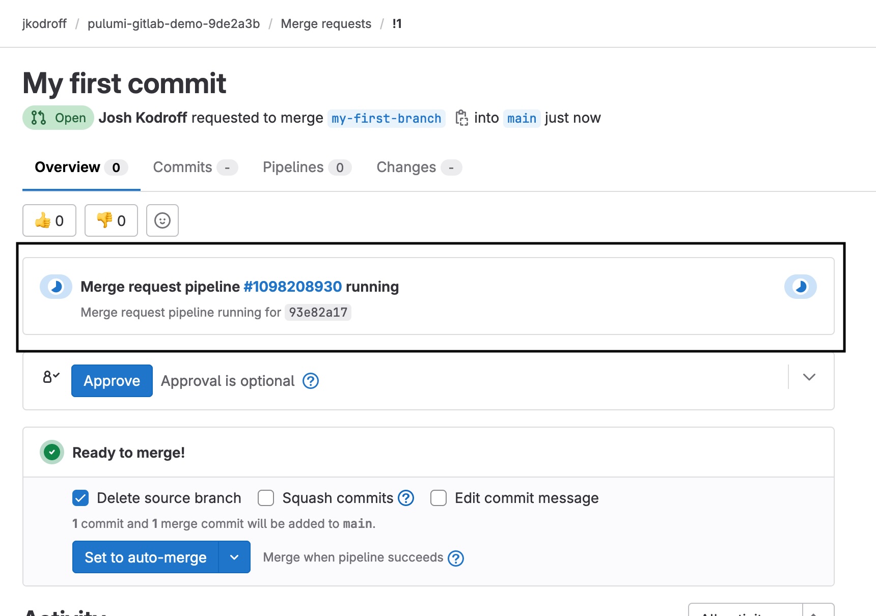 Screenshot demonstrating opening a GitLab Merge Request