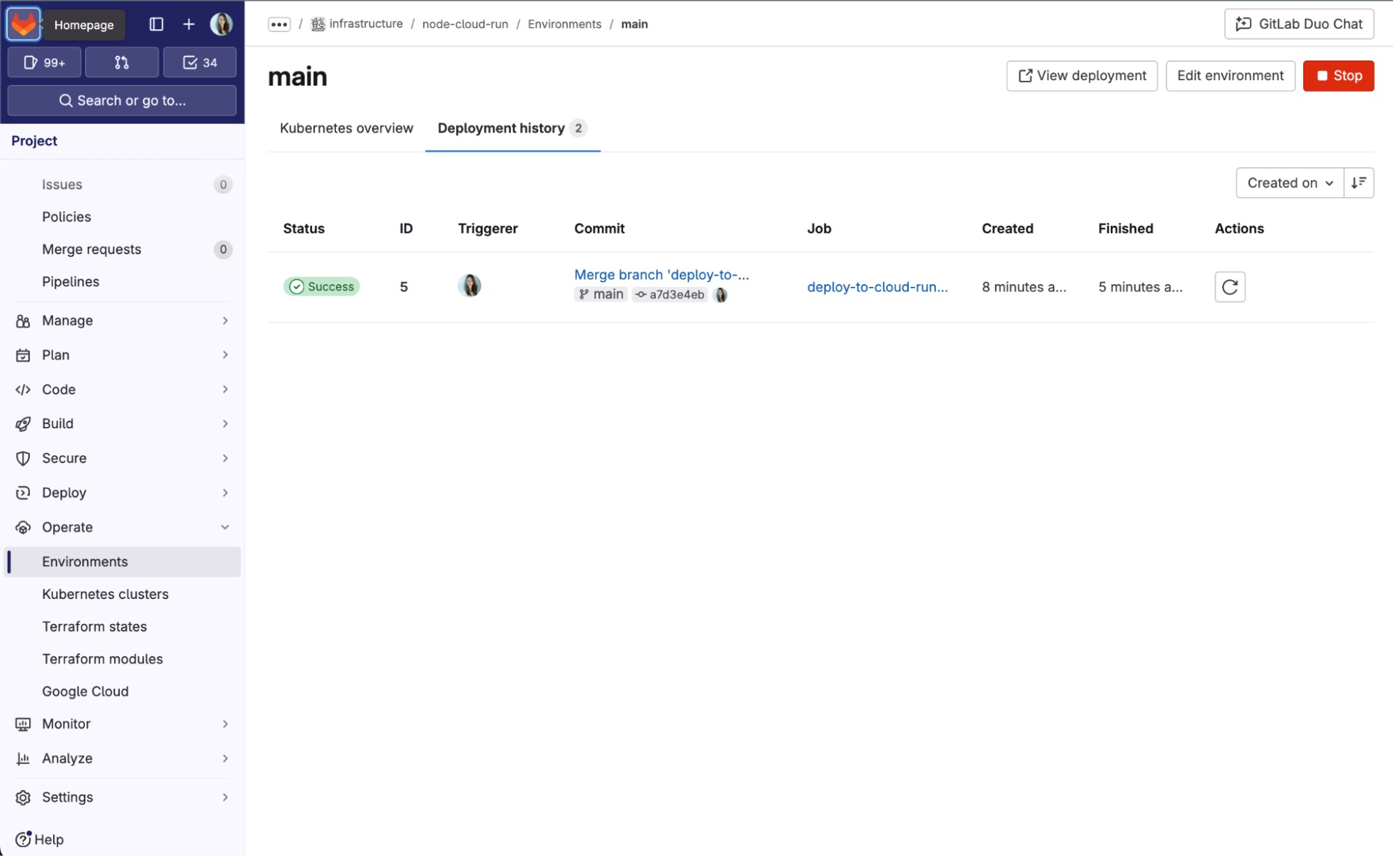 Main view of deployments to specific environment