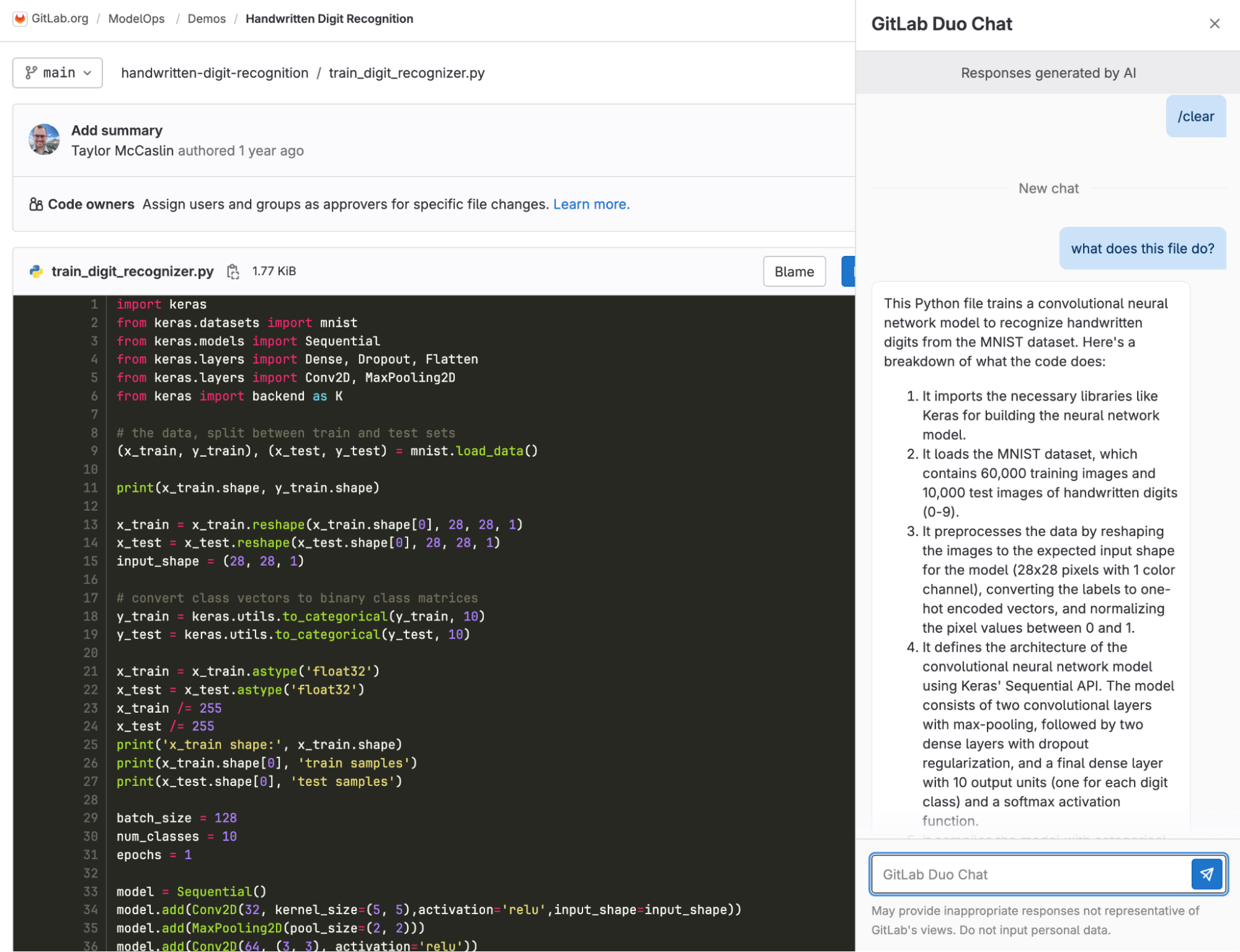 Screenshot of GitLab Duo Chat window