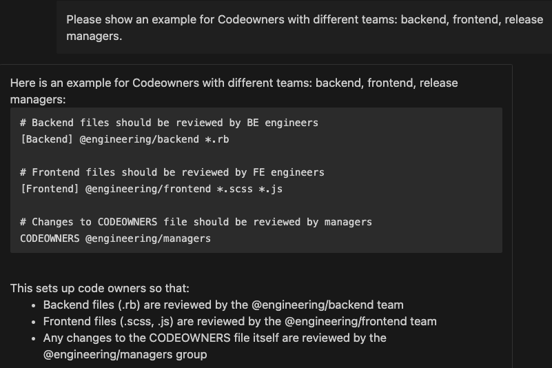 バックエンド、フロントエンド、リリースマネージャーといった異なるチームのCODEOWNERSの例を示すよう指示するチャットプロンプトと応答