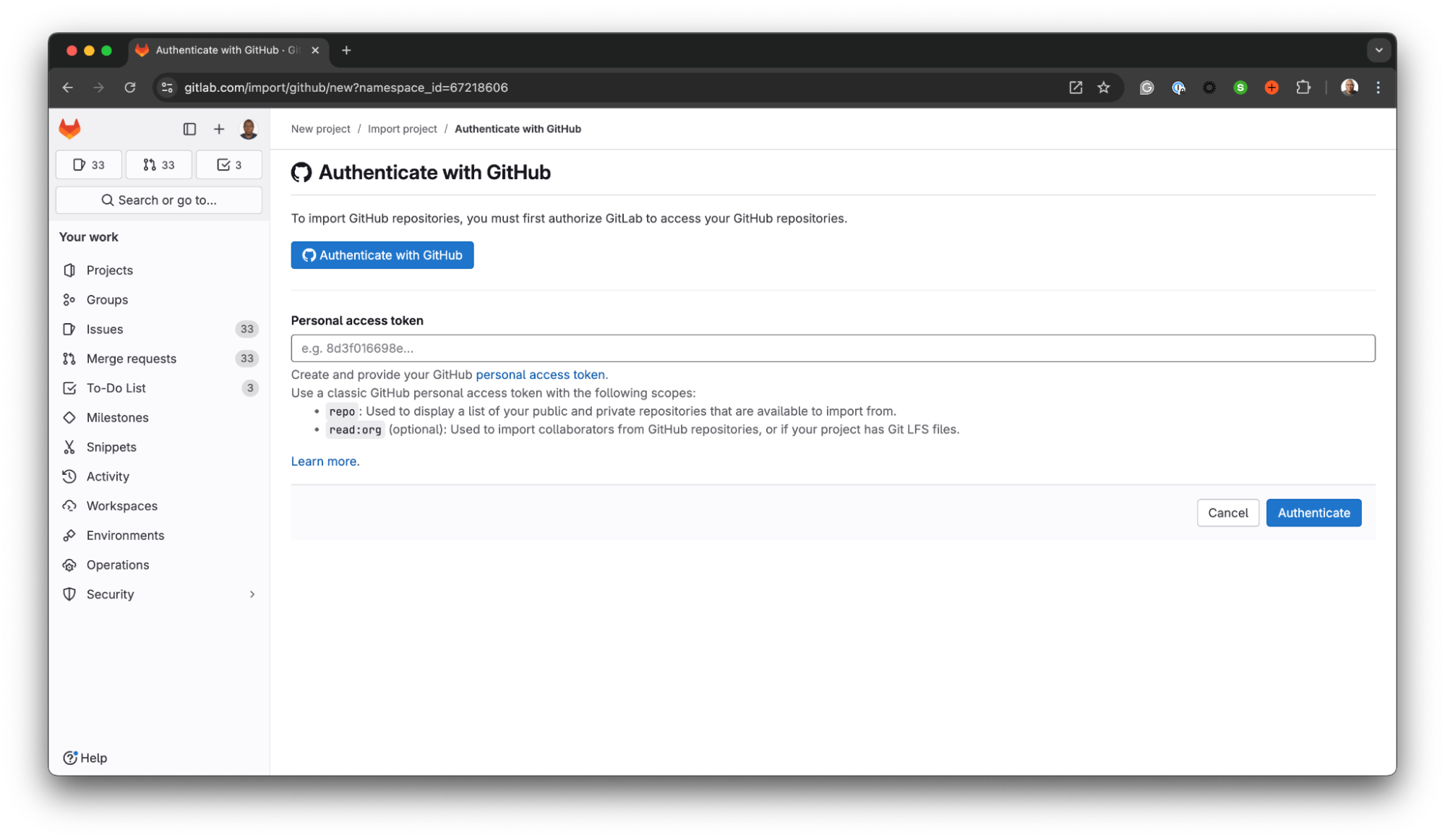 Authenticate with GitHub screen