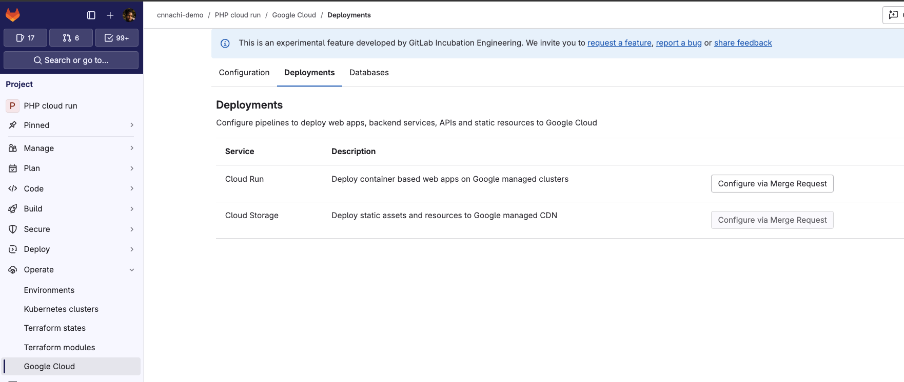 Deployment configuration screen