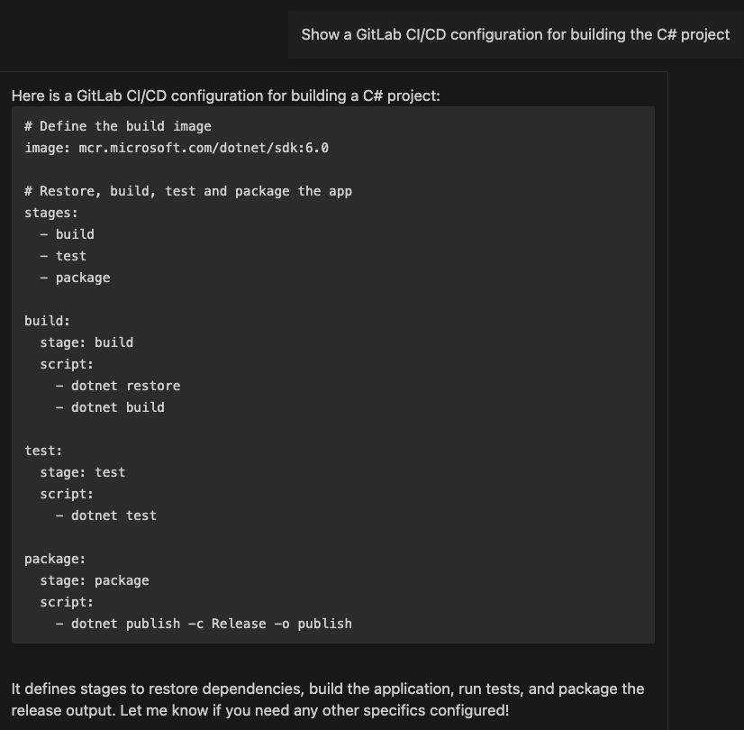 Duo Chat prompt for GitLab CI/CD configuration for building C# project and response