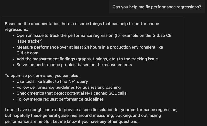 Duo Chat promptt that asks for help with fixing performance regressions and response