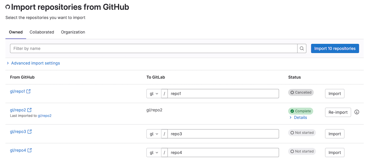 Import repositories from GitHub screen