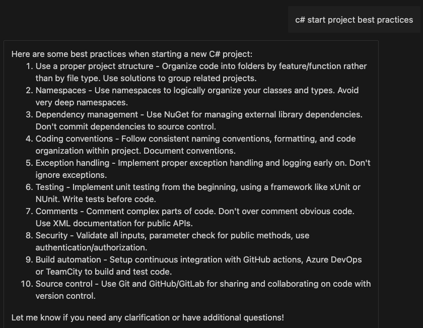 Chat prompt for C# start project best practices and response