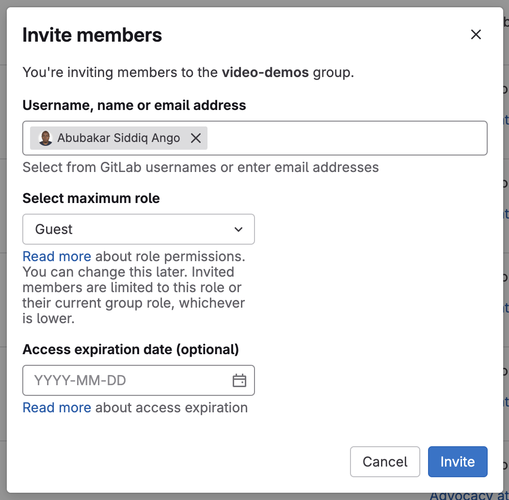 Invite members screen