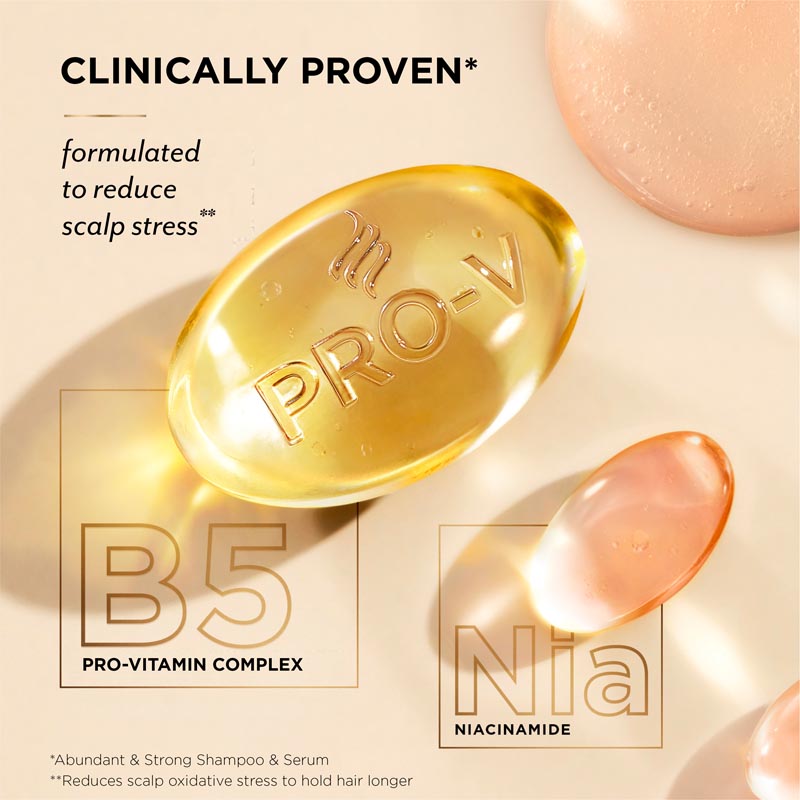 Pro-Vitamin B5, that is the key ingredient for Pantene abundant & strong daily scalp & root serum to reduce scalp stress and makes it the best treatment for hair fall, featured in front of an amber background.