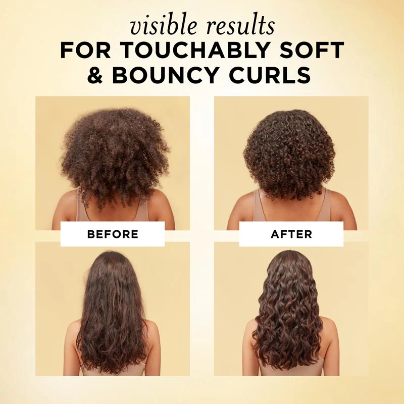 A tan-skinned woman with coily brown hair and a tan-skinned woman with curly brown hair shows visible results using Pantene Miracle Rescue Curl Define & Shine Leave-On Conditioner, the best treatment for curly and coily hair, against an amber background.