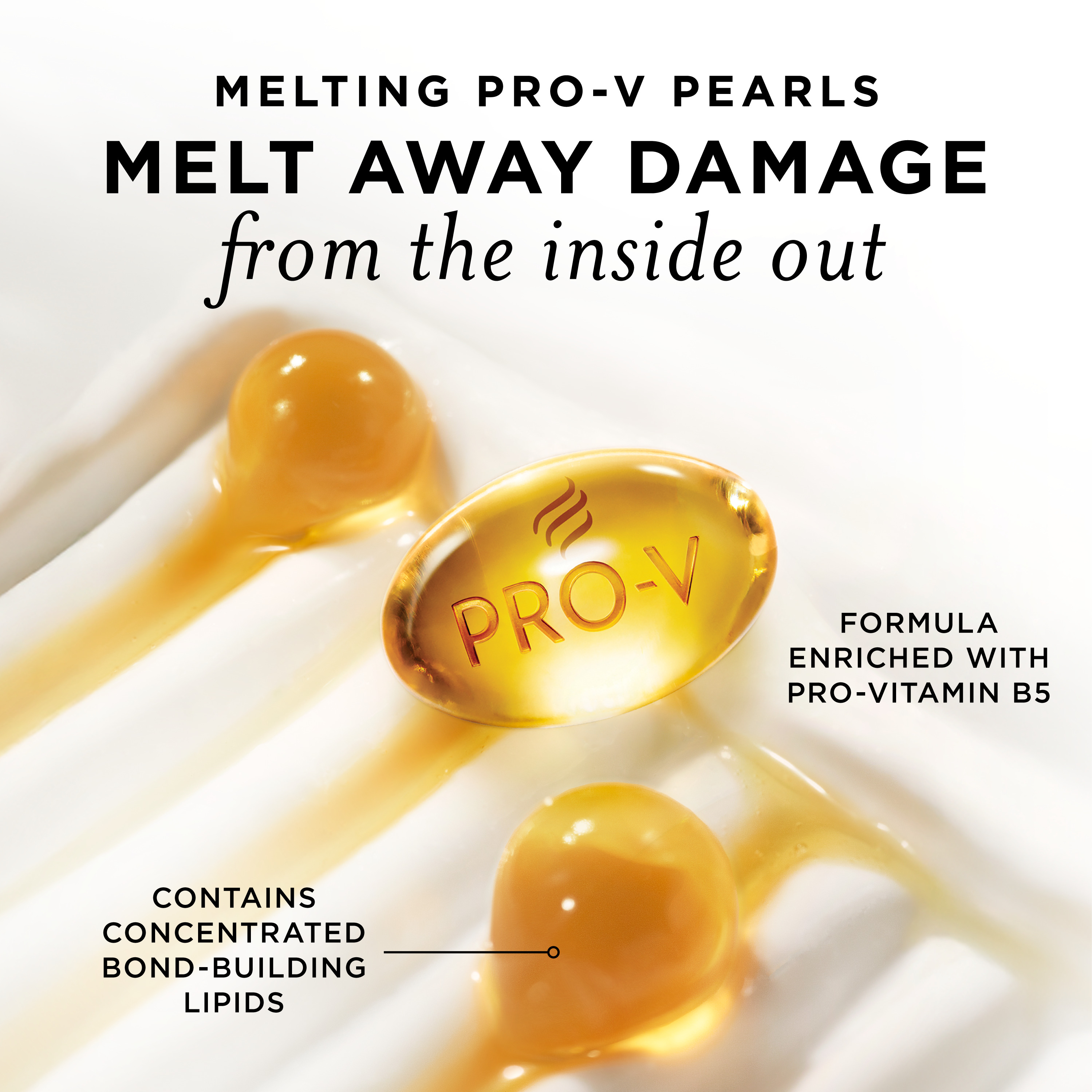 Pro-V melting pearls, that contains concentrated bond-building lipid and makes Pantene miracle rescue deep repair conditioner the best conditioner for damaged hair repair, featured in front of a textured background.