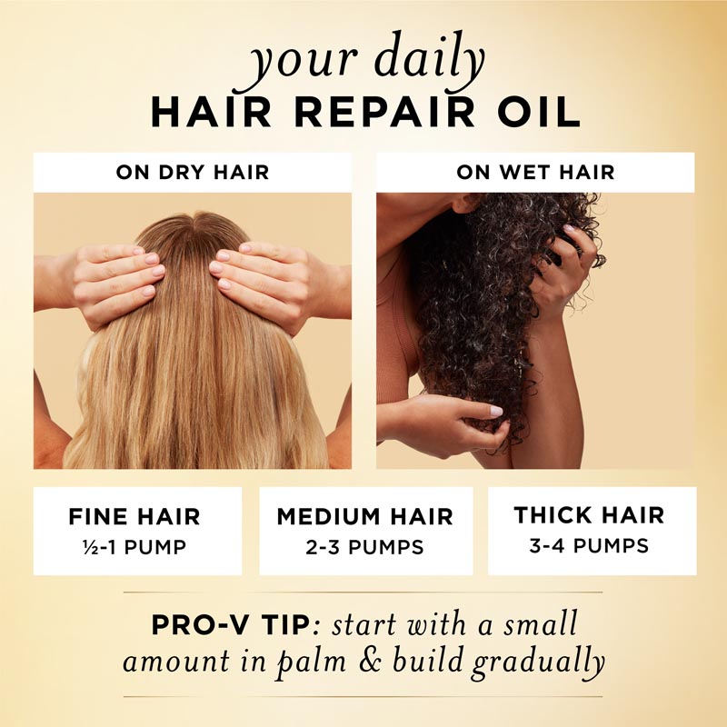 A fair-skinned woman with straight blonde hair and a dark-skinned woman with coily black hair shows Pantene Miracle Rescue Regenerative Hair Oil, the best pre-wash treatment for damaged hair, can be used on dry hair and wet hair, against amber background.