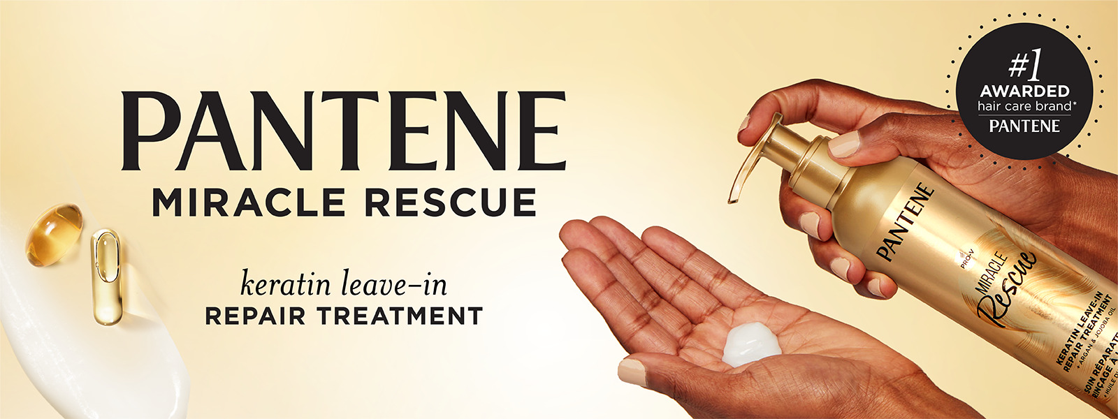 The No.1 awarded hair care brand Pantene’s Miracle Rescue Keratin Leave-In Repair Treatment, the best treatment to tame flyaways, featured in front of a gold background.