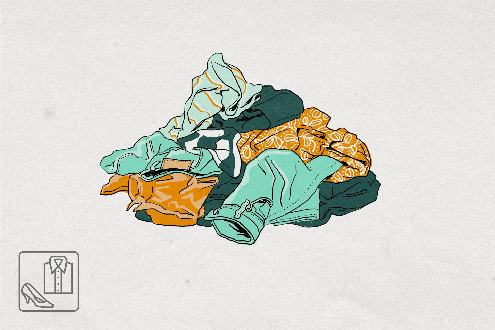 Image d’un tas de vêtements colorés, composé de pantalons et de hauts