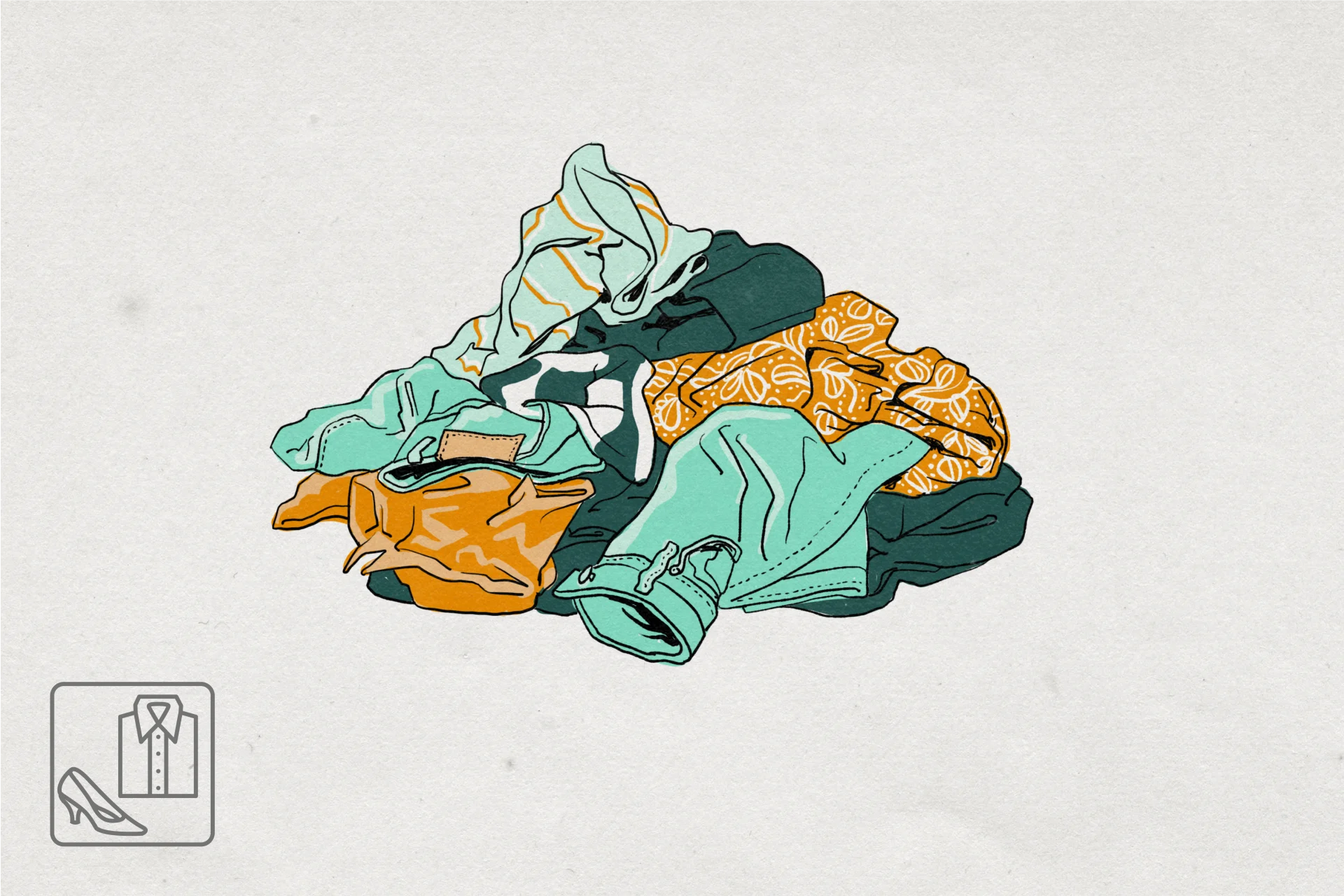 Illustration of a colourful pile of clothes comprising trousers and tops