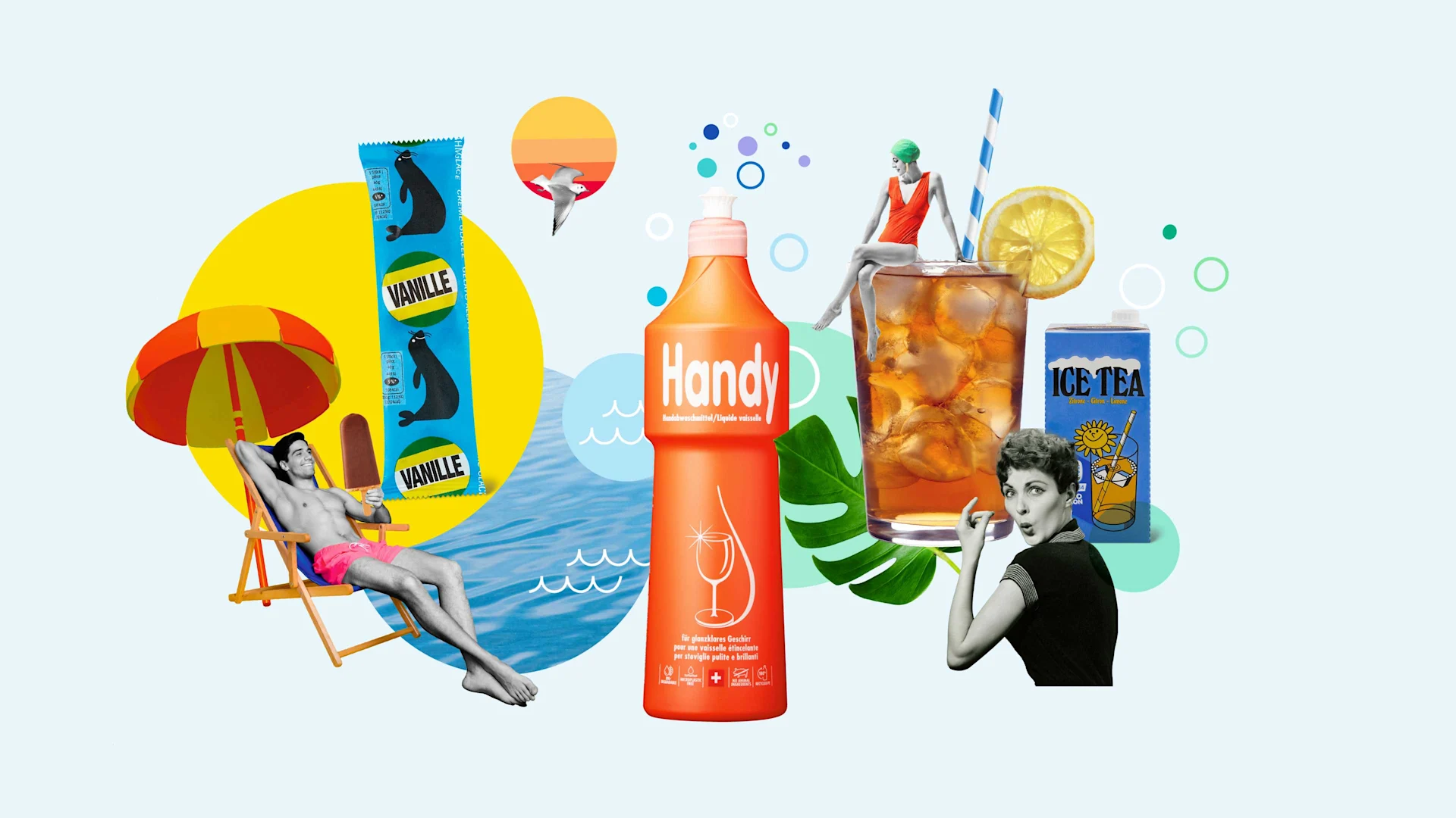 Typisch Migros Collage mit Eigenmarken-Produkten und Illustrationen