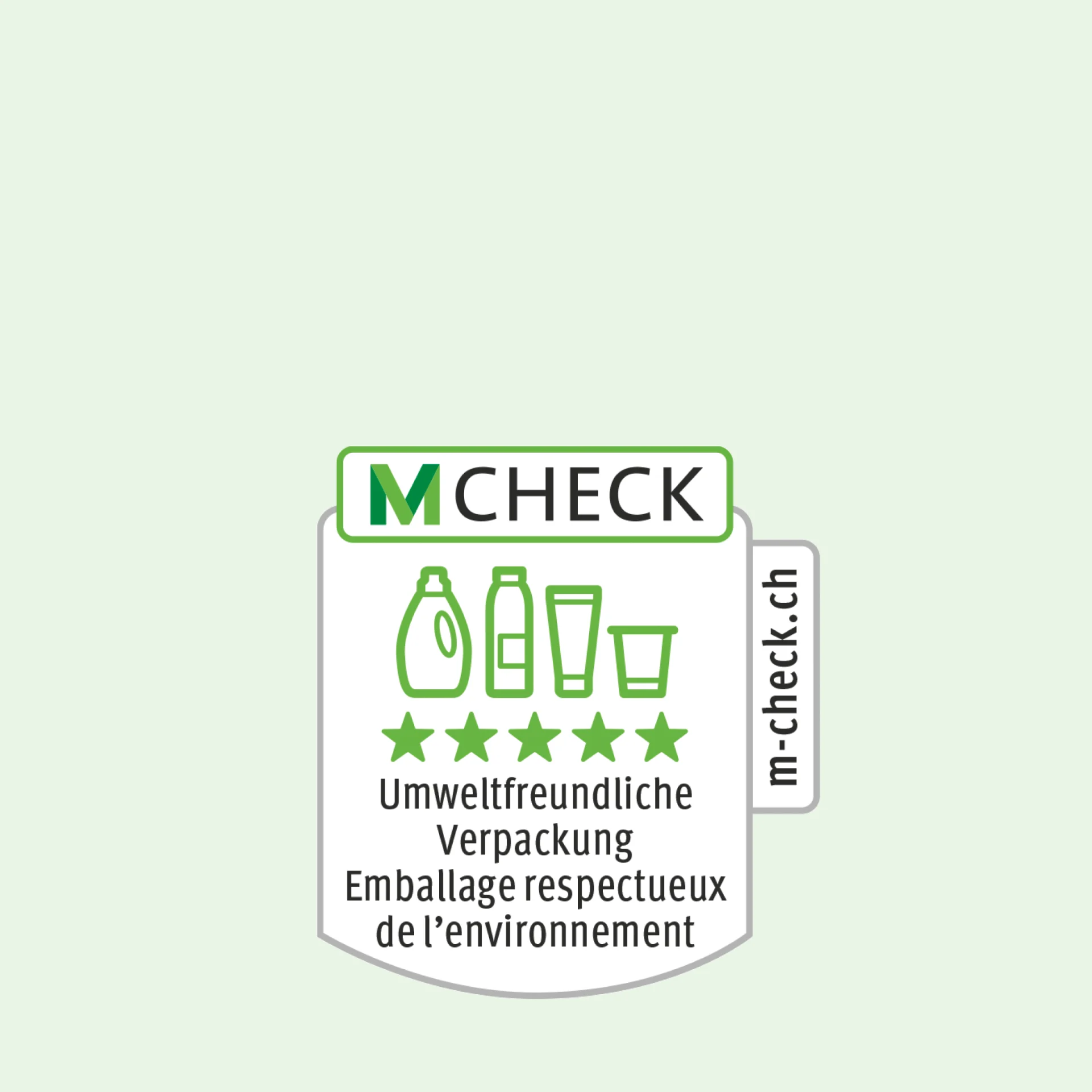 M-Check icon with packaging and, below this, five stars for environmentally friendly packaging.